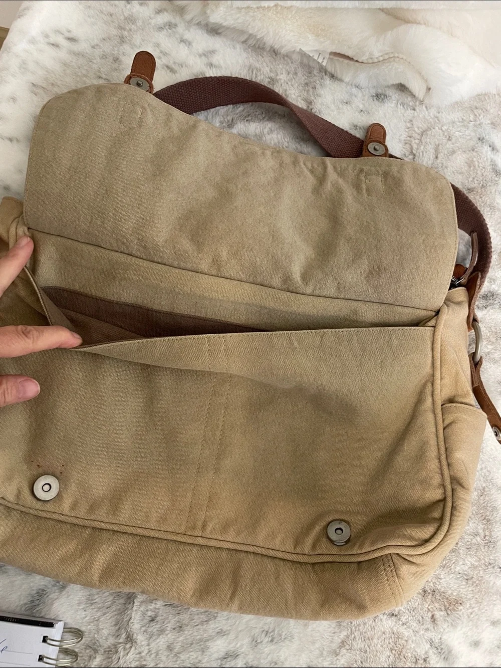 Mo&Co Canvas and Brown Leather Woven Messenger Bag -